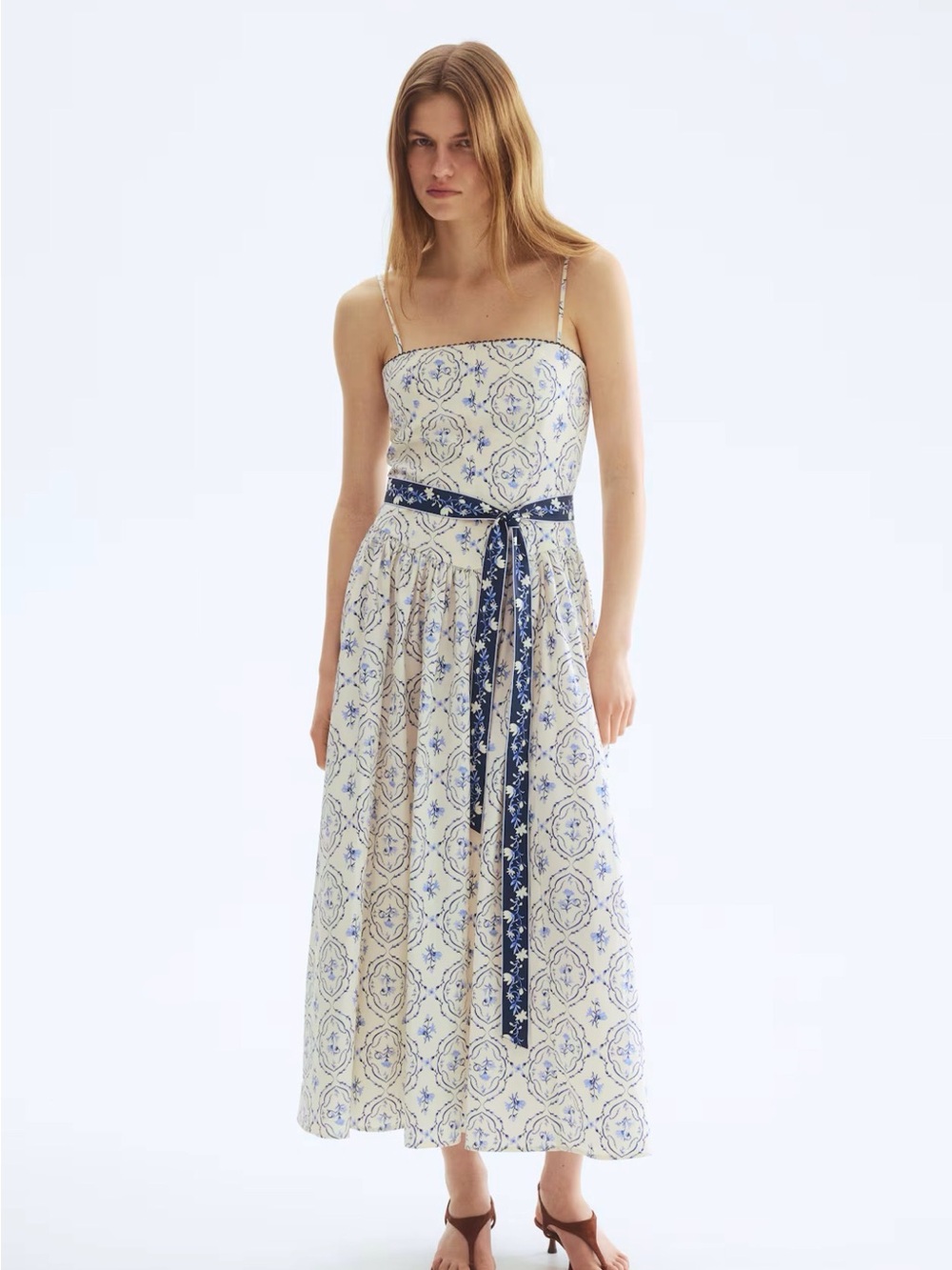 H&M Spaghetti Strap Tile-Print Maxi Dress in Cream and Blue